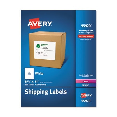 Avery Dennison Avery, WHITE SHIPPING LABELS-BULK PACKS, INKJET/LASER PRINTERS, 8.5 X 11, WHITE, 250PK 95920